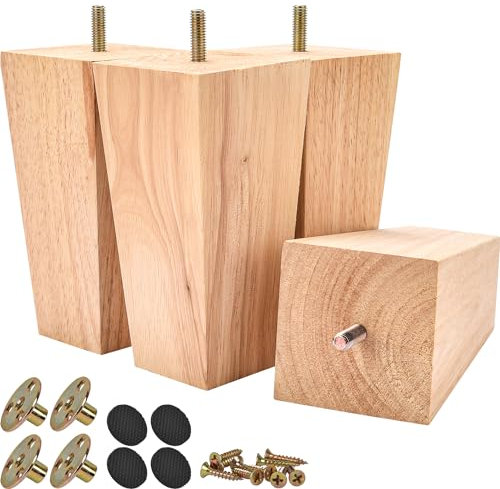 Btowin 8 inch / 20cm Solid Wood Furniture Legs, 4Pcs Mid-Century Modern Wooden Pyramid Replacement Feet Sofa legs with Threaded M8 Hanger Bolts &Mounting Plate &Screws for Couch Chair