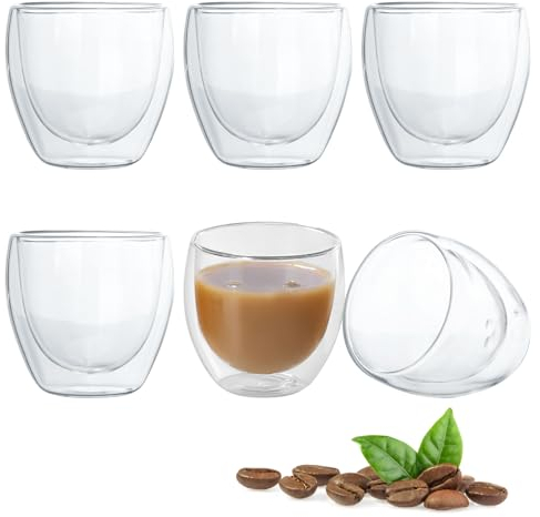 TNSLAND Espressotassen Glas 6er Set Espresso Gläser Thermogläser Doppelwandige Gläser Hitzebeständig mit Schwebeeffekt Tassen Dessertgläser Glas Mokkatassen aus Borosilikatglas (80 ml)