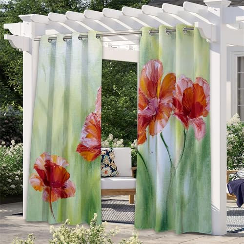Hiseng 2er Set Outdoor Vorhänge mit Ösen, Wasserdicht Outdoorvorhänge 3D Roten Blumendruck Blickdicht Sichtschutz Sonnenschutz Vorhang für Garten Balkon Terrasse (137x304cm,Anmut)