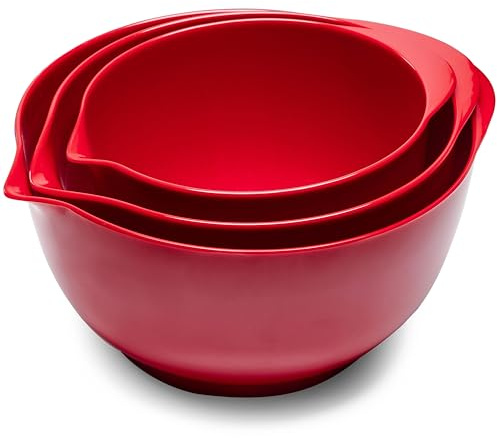 ZAROCRUS Juego de cuencos para mezclar, 3 cuencos de melamina con boquilla de vertido, base antideslizante, ideal para preparar, hornear, mezclar cocinar, sin BPA y apto para lavavajillas, color rojo