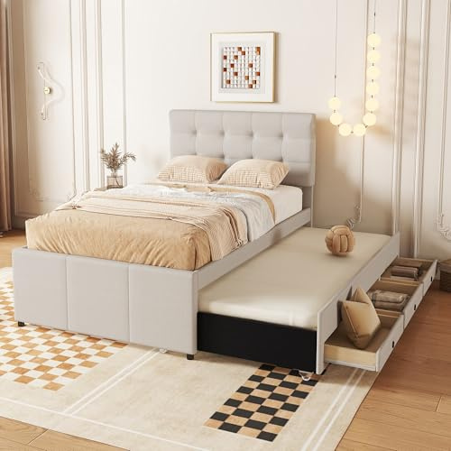 Huayz Polsterbett 90x200cm mit Ausziehbares Bett 90x190cm, Doppelbett mit Schubladen, Familienbett, Ehebett, Verstellbares Kopfteil (Beige, 90x200cm(90x190cm))