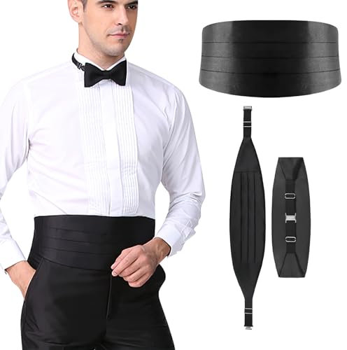 QTMMC Schwarzer Kummerbund für Herren, Anzugbund, seideähnlicher Kummerbund, Herren, Smoking, Kumberband, vorgebunden, verstellbar, für Antrag, Hochzeit, Bankett, Arbeit, Business, Party, Kleid,