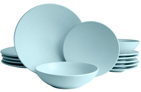 ECHTWERK Vajilla Vintage de 12 Piezas Diseño Natural «Blanka» - Set para 4 Personas con Platos Llanos, Hondos y Soperos - Estructura de Gres, Menta