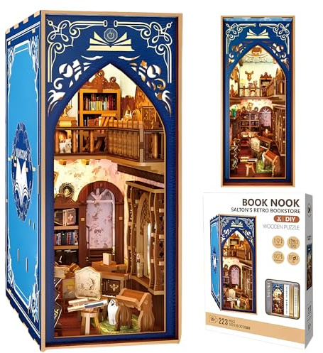 Malau - Puzzle 3D Book Nook de Madera con Diseño Excepcional y Luz – Kit de Casa en Miniatura para Construir y Montar DIY – Diorama para Biblioteca o Escritorio Libros (Salton's Retro Bookstore)
