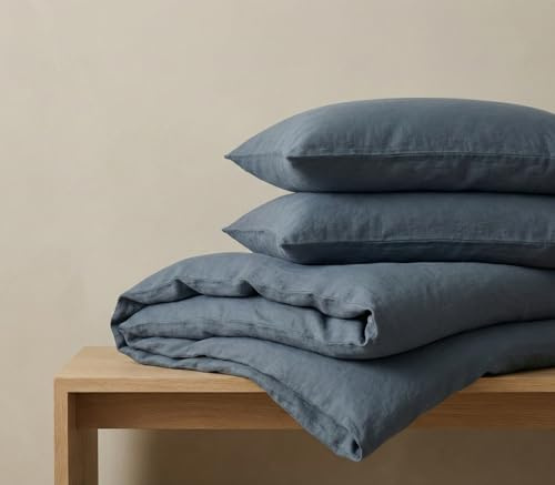 The Tangerine Store Set copripiumino - Biancheria da letto in 100% puro lino, traspirante e comfort termoregolante, fatto a mano di lusso - Verde acqua, matrimoniale (standard USA) (223,5 x 228,6 cm)