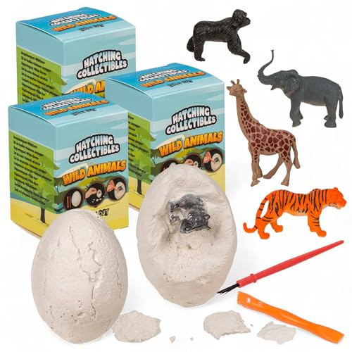 MIJOMA Ausgrabungsset 3er-Set mit Gips-Ei & Werkzeug – Mit Überraschungsfigur – Archäologie Spielzeug für Kinder – Fördert Neugier & Feinmotorik (Wildtiere)