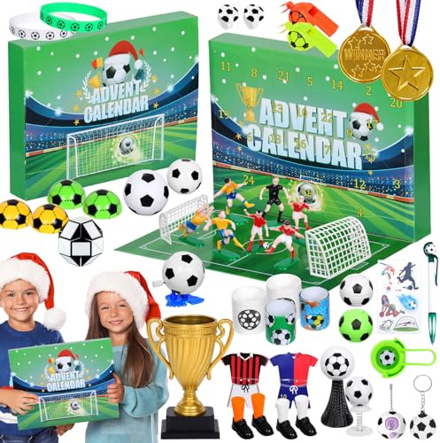 Calendario de Adviento de Fútbol 2025, calendario de aventura de fútbol de 24 días, cuenta regresiva de Navidad, juego de favores de fiesta de fútbol con llaves, silbatos, pegatinas de tatuajes para