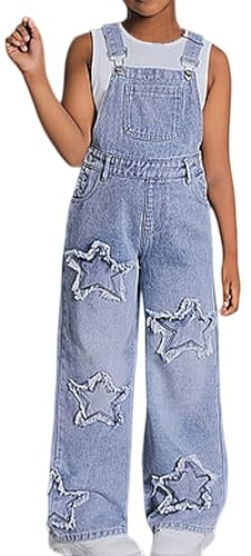 Vuncio Kids Denim Overalls Girls with Star Baggy Dungarees Jumpsuit Sleeveless Adjustable Wide Leg Jeans Teen Girls Loose Comfy Fall Casual VVacation Age 8-14 Years (Light Blue, 12-13 Years)
