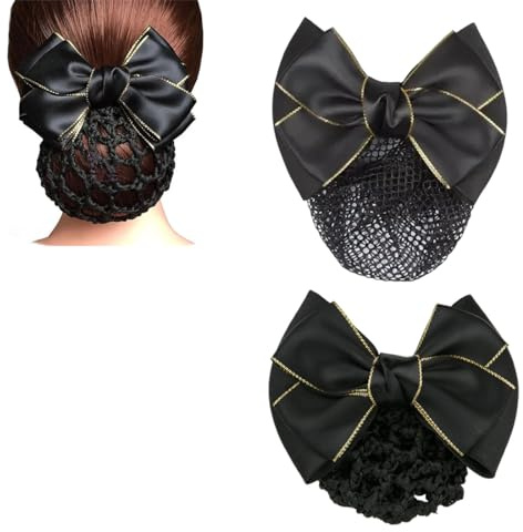 2 Pièces Filet Chignon avec Noeud, Barrette à Cheveux Française Couverture de Chignon Pince à Cheveux pour Femme, pour femmes, adaptés aux serveurs, infirmières, danseurs et agents de bord(noir)