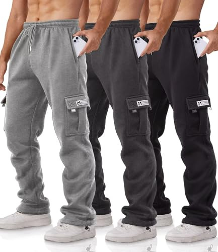 Minorlee Cargo Pants for Men 3 Pack Relaxed Fit Mens Joggers with Pockets,Fleece Hiking Tactical Workout Pants Casual
