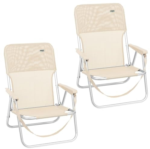 LOLAhome Pack 2 Sillas Playa Plegables Beige, Ligera, Bajas y Fijas | De Aluminio con respaldo-asiento de textileno transpirable, con asa para fácil transporte. Tubo de 19 mm. De 54x40x71 cm.