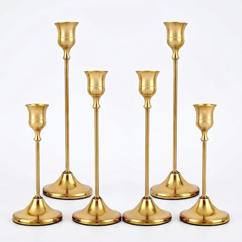 6 Pcs Gold Brass Taper Candle Holders Set – Vintage Metal Candlestick Holder for Table Centrepiece & Mantel Décor, Rustic Candle Sticks for Standard Taper Candles (Up to 0.8 Diameter)