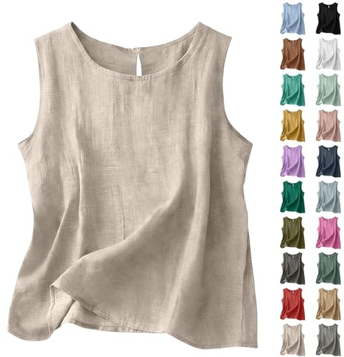 Générique Débardeur Femme Coton Lin Col Rond sans Manches Top Été Chic Basique Uni Fluide Haut Confortable Vêtement Quotidien Chemisier Plage Tunique Femmes Grande Taille Débardeurs Tee Shirt Léger