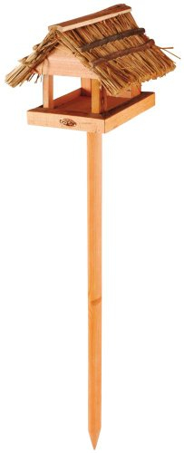 Esschert Design Vogelhaus, Vogelfutterhaus mit Strohdach und Stab, aus Holz, stehend, ca. 27 cm x 29 cm x 113 cm