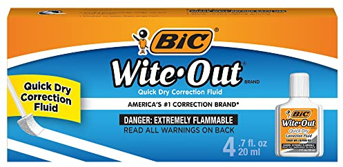 BIC Wite-Out Brand Quick Dry Correction Fluid, 20 mL, White, Goes On Easy With A Reduced Dry Time, 4-Count