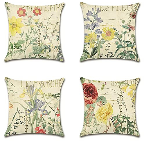Artscope wasserdichte Kissenbezugen, 4 Stück Vintage Gelbe Blume Kissenhülle Atmungsaktiv Kissen Fall für Outdoor Balkon Terrasse Patio Garten Bauernhaus Dekor 45 x 45cm