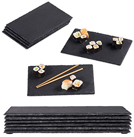 Relaxdays 12 Platos de Pizarra, 26 x 16 cm, para Servir y Escribir, Buffet, Bandeja Piedra Cuadrada, Antracita