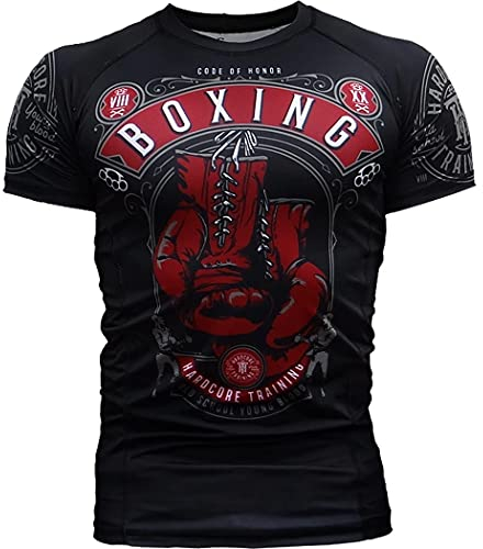 Hardcore Training Men's Rash Guard Compression Short Sleeve Kompression Kortärmad Herr Män Jiu Jitsu MMA No-Gi Tight BJJ (DE/NL/SE/PL, Alfa, XL, Regelbunden, Regelbunden, Black Red)