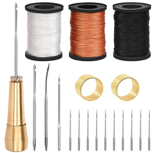 Swpeet Kit de punzón y aguja de costura portátil de cuero de lona con hilo encerado de nailon, surtido de dedales de hilo de nailon, herramientas de mango de cobre para cuero, zapatos y reparación