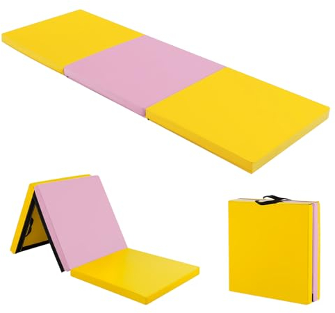 COSTWAY 180 x 60 x 5 cm Weichbodenmatte klappbar, Gymnastikmatte tragbar, Yogamatte wasserabweisend, Turnmatte rutschfest, Klappmatte, Fitnessmatte (Gelb + Rosa)