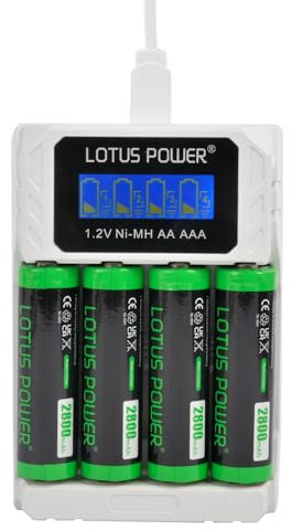 LOTUS POWER Cargador de Pilas Universal de 4 Ranuras y Juego de Pilas AA Ni-MH de 1,2 V, Cargador LCD y Pilas Recargables NiMH AA (1 Cargador y 4 Pilas)