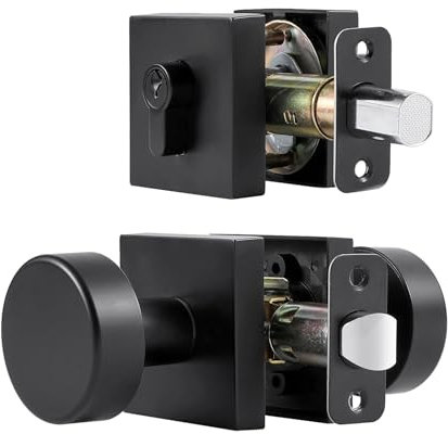 newliplace Pomo de puerta exterior negro con cerradura de cerrojo de un solo cilindro, perilla redonda para puerta de entrada con cerraduras de cerrojo de seguridad, juego de cerradura de puerta