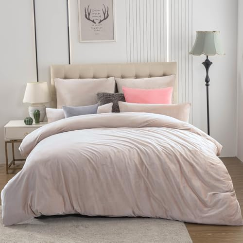 Soifox Juego de ropa de cama de invierno de franela 200x220 - Beige suave y cálido con toque de cachemira, funda de edredón + funda de almohada de 2 piezas de 80x80 cm con cremallera