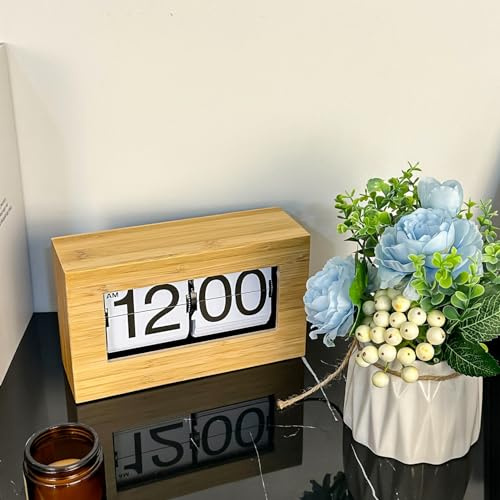 Tonysa Flip Desk Clock, Retro Flip Desk Table Clock, Flip Down Clock, Retro Large Number Flip Down Clock Wooden Auto Flip Desk Clock (White Background)