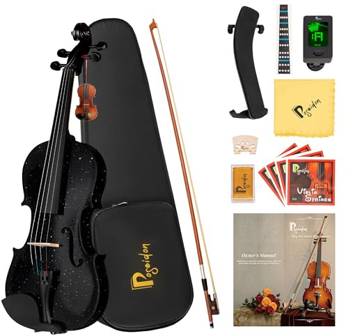 Poseidon Violin 4/4 Full Size Set, Black Violin for Beginners Adult, Stringed Musical Instrument w/Case, Extra Violin 4/4 Strings Set, Violin Bow, Horse Bridge, Rosin, Shoulder Rest, Tuner, Manual