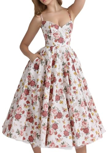 YILKOO Ärmlös, midiklänning för kvinnor, retro, spagettirem, A-linje, klänningar, stor fåll, festklänning med fickor, Blomma 1, M