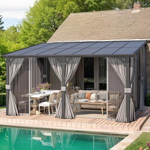 AECOJOY 14' x 10' Gazebo for Patio, Hard Top Lean to Gazebo Pergola with Curtains and Mosquito Netting, Large Wall-Mounted Heavy Duty Awnings for Patio, Decks, Backyard and More