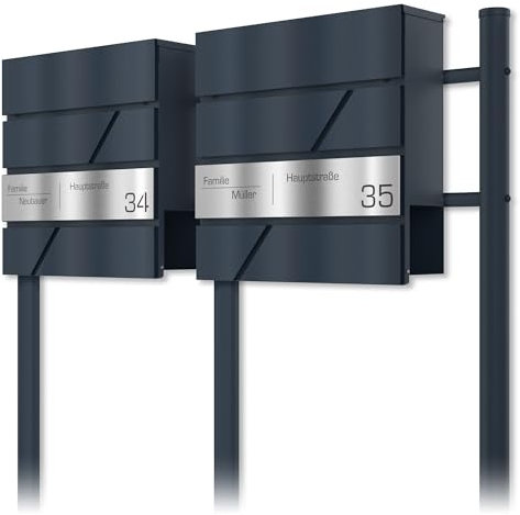 Buzón Doble con Soporte para buzón Antracita RAL 7016 - Acero Inoxidable Personalizado Grabado con láser Nombre número de casa Nombre de la Calle - buzón de Pared Diseño 2