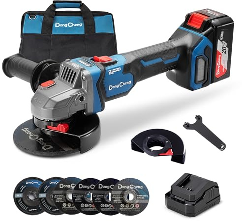 Dong Cheng Cordless Angle Grinder 20V 4-1/2 inch, 9000RPM with Variable Speed, Slide Switch, DSC Protection for Cutting, Grinding, Polishing, Included 6 Discs & 4.0Ah Battery Charger Kit