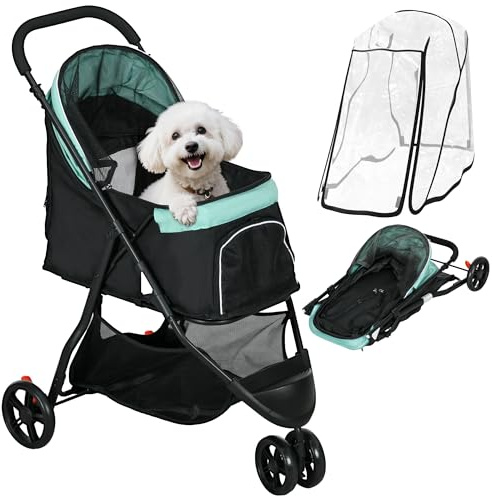 PawHut Carrito para Perros Plegable Carrito para Perros Pequeños con Cubierta para Lluvia Ventana de Malla Cesta y 2 Ruedas Universales Carga 15 kg 80,5x51,5x100 cm Verde