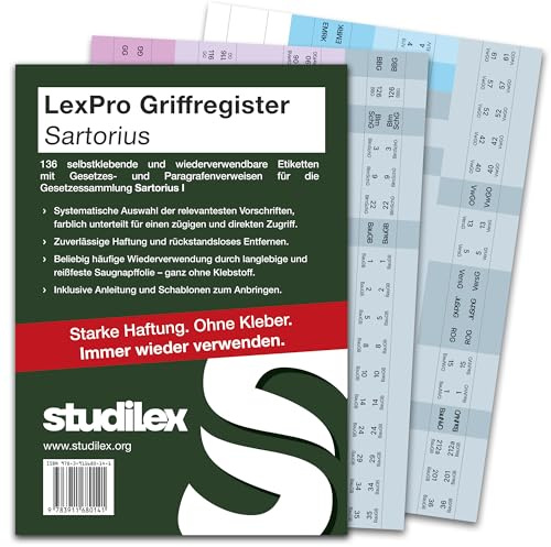 Studilex LexPro Griffregister für SARTORIUS — Wiederverwendbare selbsthaftende Register-Reiter OHNE KLEBSTOFF mit Gesetzes- und Paragrafenverweisen — Register-Etiketten für Jura-Studium & Staatsexamen