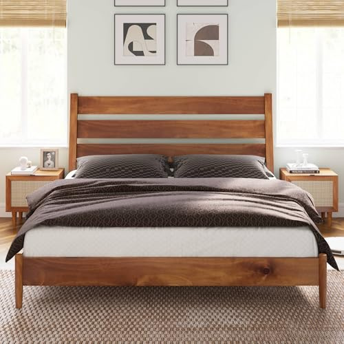 AMERLIFE King Size Bed Frame, Mid Century Modern Solid Wood Platform Bed Frame with Reclining Headboard, Sturdy & Noise Free, No Box Spring Needed, Light Brown