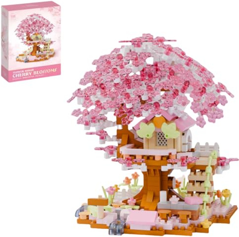 Kirschblütenbaum Bausteine Bausatz, 690 Teile DIY Sakura Baum Baumhaus Bauklötze Kit, Blumenhaus Modellsets Bonsai Heimdekoration, Modular Kirschblütenbaum Modellbausatz (Rosa)