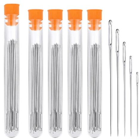 50 Pcs Large Eye Hand Sewing Needles, 5 Sizes Stainless Steel Embroidery Darning Needles with Storage Tubes for Quilting, Leather Craft & Mending, Silver