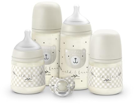 Suavinex, Set Biberons Nouveau-né, Coffret Cadeau avec : 2 x 270 ml Débit Moyen + 2 x 150 ml Débit Lent + Sucette de 0 à 6 Mois, Tétines Symétriques SX Pro en Silicone, 5 Pièces, +0M, Wild&Free Gris