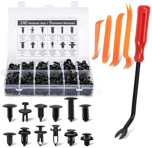 240pcs Car Trim Clips Set, 12 Types Plastic Rivets, 240pcs Car Fixing Clips& 5pcs Trim Removal Tools, Door Trim Panel Fender Clips for GM Ford Toyota Honda