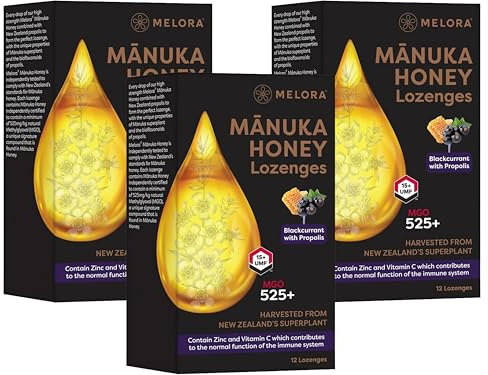 MeloraManuka Honey Lozenges 525+ MGO (UMF 15) with Propolis, Zinc & Vitamin C – Naturally Soothing Sore Throat Relief, Blackcurrant & Peppermint Flavour – (Pack of 3) from SuperfoodUK