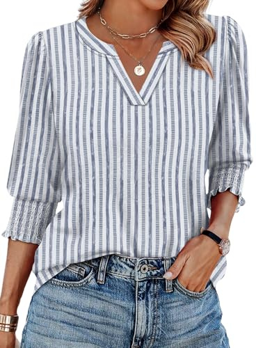 Aokosor Womens 3/4 Sleeve Tops Ladies Blouses V Neck T Shirts Puff Sleeve Tunic Curved Hem Office Wear Size 26-28 Blue Stripes