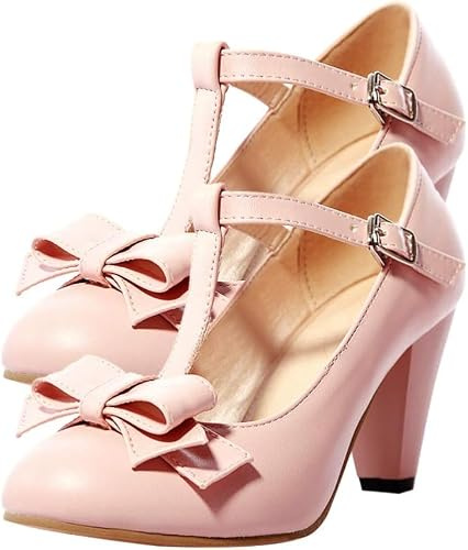 Dam Söta Mary Janes Pumps Rund Tå T-rem Rosett Spänne Hög Konisk Klack Dress Pumps/7122(7.5)