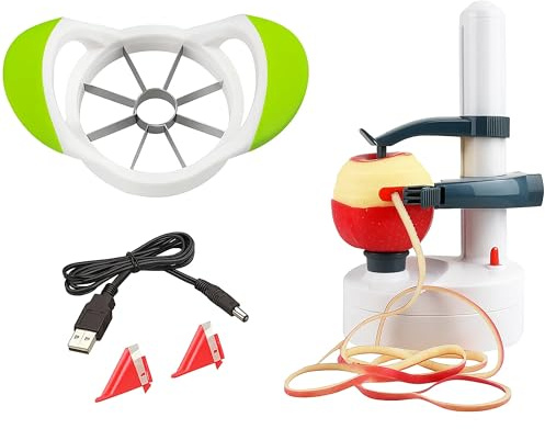 Electric Apple Peeler + Apple Divider (Combo Set) – 8 Blade Slicer, Automatic Rotating Peeler Machine, 2 Replacement Blades, 1 Knife and a Power Cord, Powered by 4 AA Batteries (Not Included)