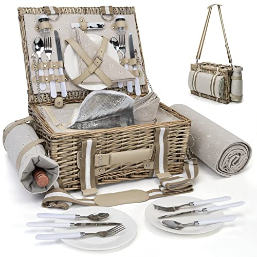 31-teiliges Picknickkorb-Set für 4 Personen mit isoliertem Futter und wasserdichter Decke, Weinbeutel, großer Weidenkorb für Camping, Outdoor, Valentinstag, Geburtstag, Weihnachten für Paare