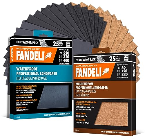 Fandeli | Pack Multi-Purpose Sandpaper Pack + Waterproof Sandpaper | 50 Sheets | Multi-Purpose (80, 120, 220), Waterproof (220, 320, 400) | Pack of 25+25 Sheets, 23x2 cm | for Sanding Metal and Wood