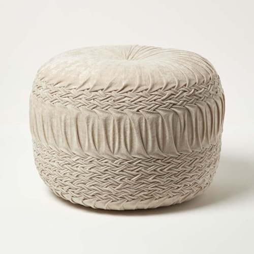 Homescapes Sofia Flecht-Hocker plissiert cremeweiß 50x35 cm, Samt-Pouf grau, Sitzpouf rund mit Sitzsack-Füllung