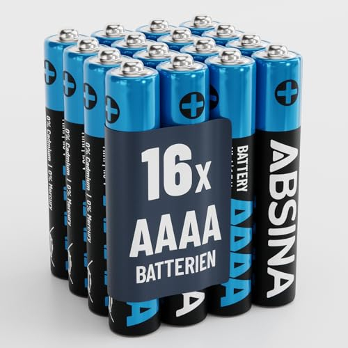 ABSINA 16x Batterien AAAA für Surface Pen, Tablet Stift und vieles mehr - AAAA Batterie 1,5V Alkaline - Mini Batterien AAAA LR61 E96 - AAAA Batterien, Batterie AAAA 1,5V, AAAA Batteries, 4A Batterien