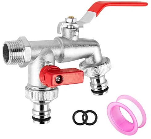 Trendecor 1/2'' Pouce Robinet De Jardin Laiton Robinet Double Jardin Robinet Exterieur avec 2 * 3/4 pouces de sortie+1 * ruban d'étanchéité à rouleaux pour Jardin, Machine à Laver, Baril de Pluie