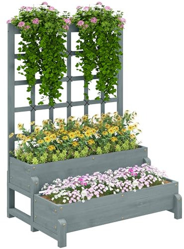 Outsunny 2-Tier Raised Garden Bed with Trellis, Wooden Elevated Planter Box with Drainage Holes, Outdoor Raised Planter for Climbing Plants, Fruits, Vegetables, Flowers, Grey